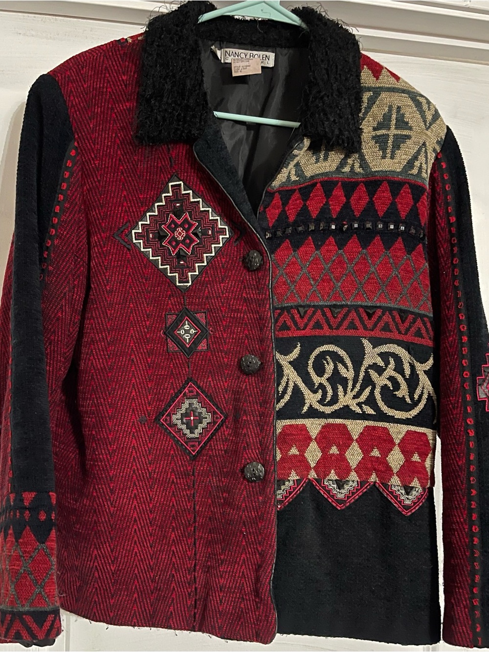 VTG Nancy Bolen City Girl Tapestry Patchwork Blazer Jacket Faux Fur Size XL